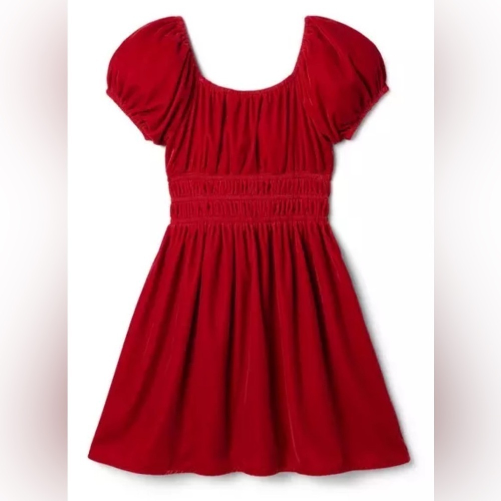 Girls Red Puff Sleeve Smocked Waist A-Line Dress Size 10 Short Sleeve Party